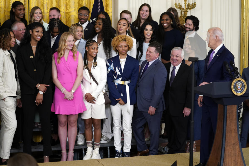 President Joe Biden speaks during an event to honor the 2023 NCAA national champion LSU women's basketball team in the East Room of the White House, Friday, May 26, 2023, in Washington. (AP Photo/Evan Vucci)