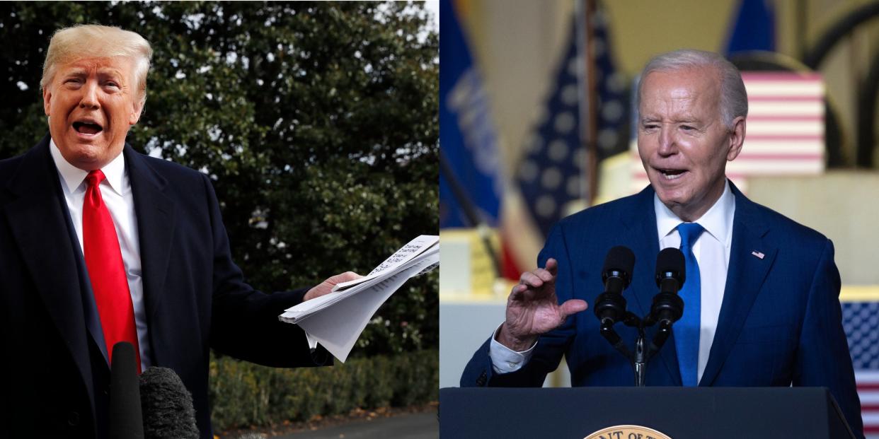 Donald Trump holds handwritten notes denying a "quid-pro-quo" in response to testimony during an impeachment inquiry. President Joe Biden is separately pictured at an event in Wisconsin.