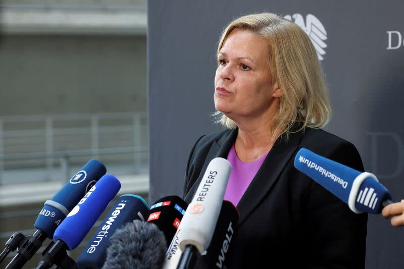 FILE PHOTO: German Interior Minister Nancy Faeser addresses members of the media, in Berlin