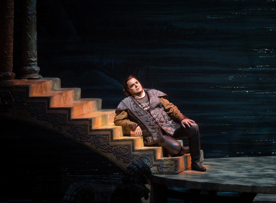 This Sept. 14, 2012, photo provided by the Metropolitan Opera shows a scene from Puccini’s “Turandot,” with Marco Berti as Calàf during a dress rehearsal at the Metropolitan Opera in New York. (AP Photo/Metropolitan Opera, Marty Sohl)