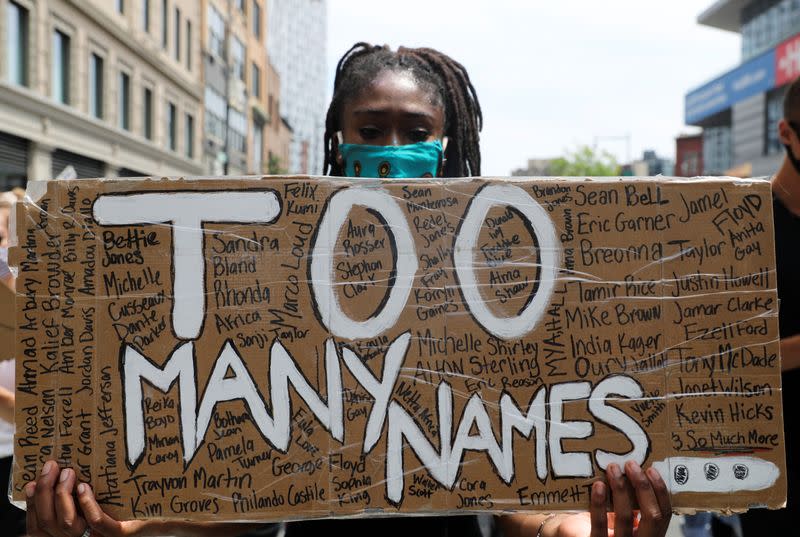 Protest against racial inequality in the aftermath of the death in Minneapolis police custody of George Floyd, in New York