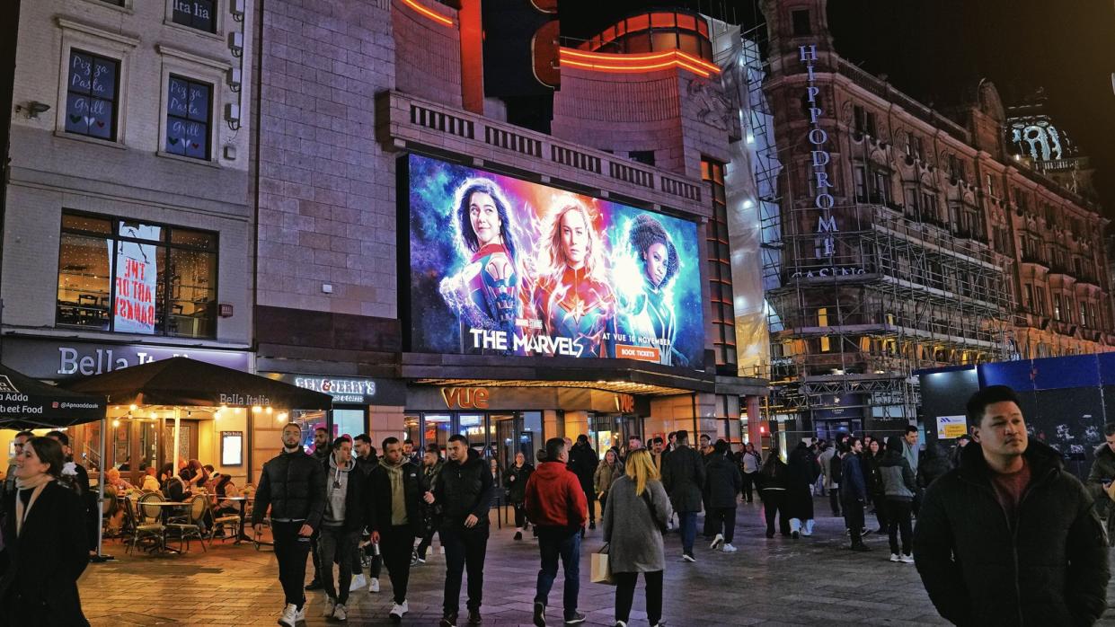  The Marvels on a massive board outside the Vue cinema in the West End in London. 