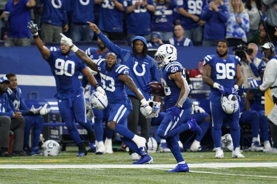 Indianapolis Colts' Jonathan Taylor (28) runs for a touchdown during the second half of an NFL football game against the New York Jets, Thursday, Nov. 4, 2021, in Indianapolis. (AP Photo/Michael Conroy)