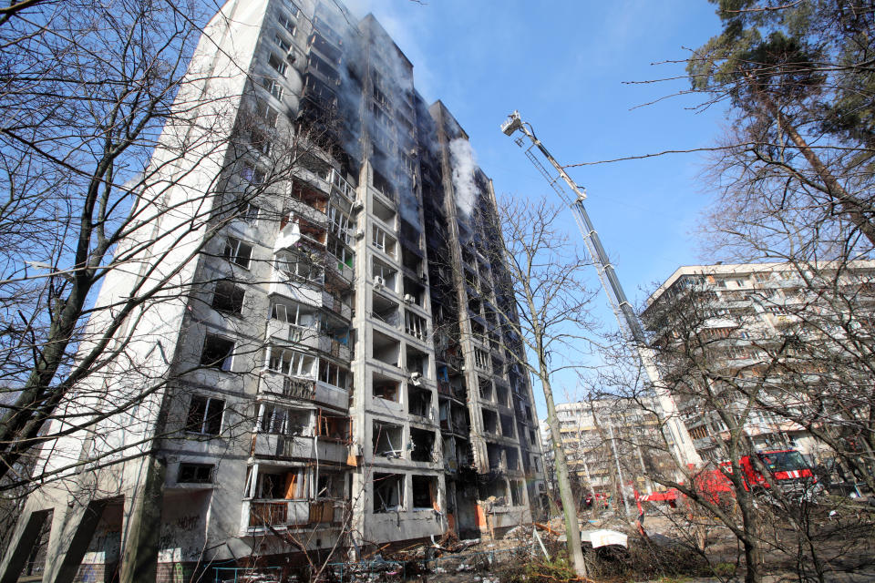 Aftermath of shelling of a residential building by the Russian troops in Svyatoshyn district of Kyiv, capital of Ukraine, on March 15, 2022. (Photo by Pavlo Bahmut/Ukrinform/NurPhoto via Getty Images)