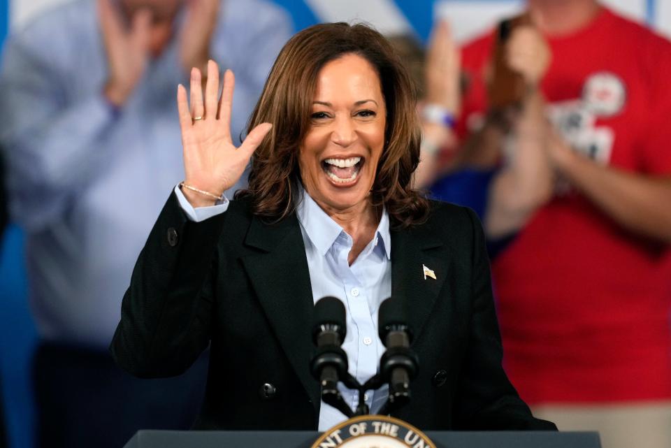 Democratic presidential nominee Vice President Kamala Harris speaks during a campaign event at Northwestern High School in Detroit, Monday, Sept. 2, 2024 (AP)