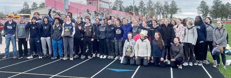 Members of the Great Plains Lutheran boys and girls' teams pose for a picture after winning Eastern Coteau Conference track and field titles on Tuesday, May 7, 2024 at Britton. The titles were the 18th in a row for the boys and 14th in a row for the girls.