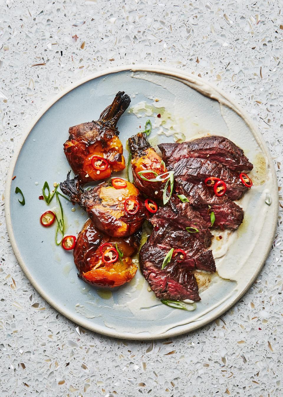 Hanger Steak with Tahini and Smashed Charred Beets