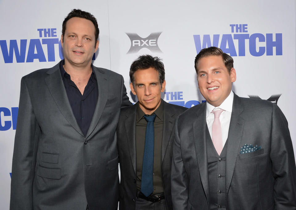 Vince Vaughn, Ben Stiller and Jonah Hill attend the Los Angeles premiere of "The Watch" on July 23, 2012.