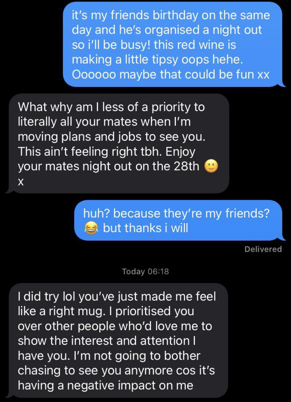 The woman says she can't go on a date because she has plans with friends, and the man responds with a guilt trip about how she's not making him a priority