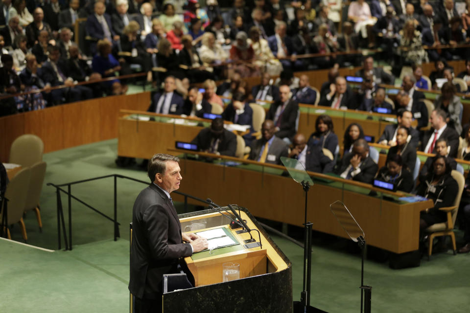 Brazilian President Jair Bolsonaro addresses the 74th session of the United Nations General Assembly at U.N. headquarters Tuesday, Sept. 24, 2019. (AP Photo/Seth Wenig)