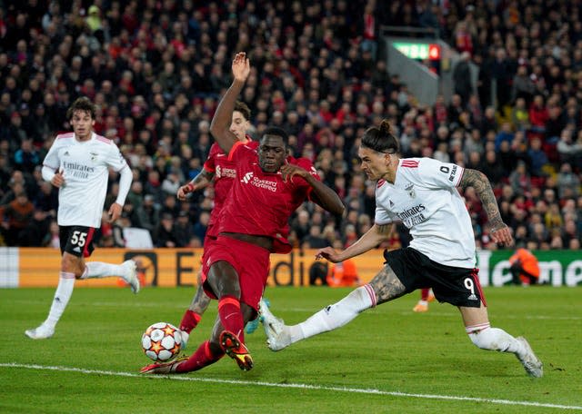 Benfica striker Darwin Nunez is tackled by Liverpool defender Ibrahima Konate