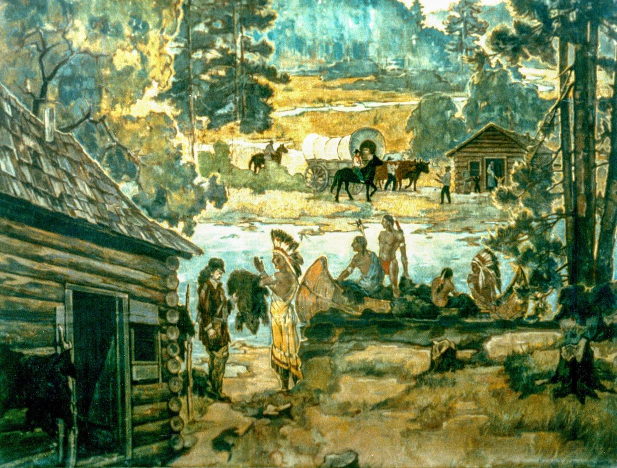 A mural depicting Indians trading at the William Farnsworth cabin near Sheboygan Falls in the 19th Century.