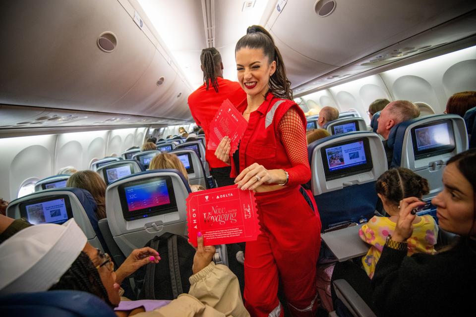 Delta Air Lines ane Virgin Voyages come together to give away a pair of tickets to each passenger on a flight to San Juan, Puerto Rico from Atlanta, Georgia at Hartsfield Jackson international Airport on Thursday February 29, 2024. (Chris Rank/ Rank Studios)