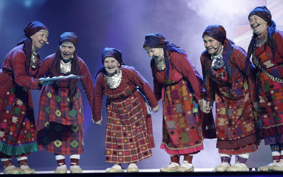 Russia Buranovskiye Babushki perform during rehearsal for the final show of the 2012 Eurovision Song Contest at the Baku Crystal Hall in Baku, Friday, May 25, 2012. The finals of the 2012 Eurovision Song Contest will be held at the stadium on May 26, 2012. (AP Photo/Sergey Ponomarev)