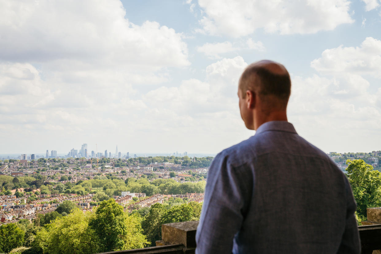 LONDON, ENGLAND - UNDATED: In this undated handout photo provided by Kensington Palace,  Prince William, Duke of Cambridge looks out across London from Alexandra Palace as he announces the inaugural Earthshot Prize Awards in London, England. The Earthshot Prize will hold its first-ever awards ceremony at Alexandra Palace on 17 October, featuring other famous landmarks across the UK’s capital city as part of the historic event. Founded by Prince William in 2020 and inspired by President Kennedy’s ‘Moonshot’, The Earthshot Prize is a global environmental prize which aims to discover and scale the best solutions to help repair our planet over the next 10 years. Every year from 2021 until 2030, The Earthshot Prize will find and reward inclusive solutions to five ‘Earthshot’ goals - Protect and restore nature; Clean our air; Revive our oceans; Build a waste-free world; and Fix our climate. Prize winners will each receive a £1 million prize fund and tailored support to scale their solutions. The finalists will be announced in July. (Photo by Kensington Palace via Getty Images)