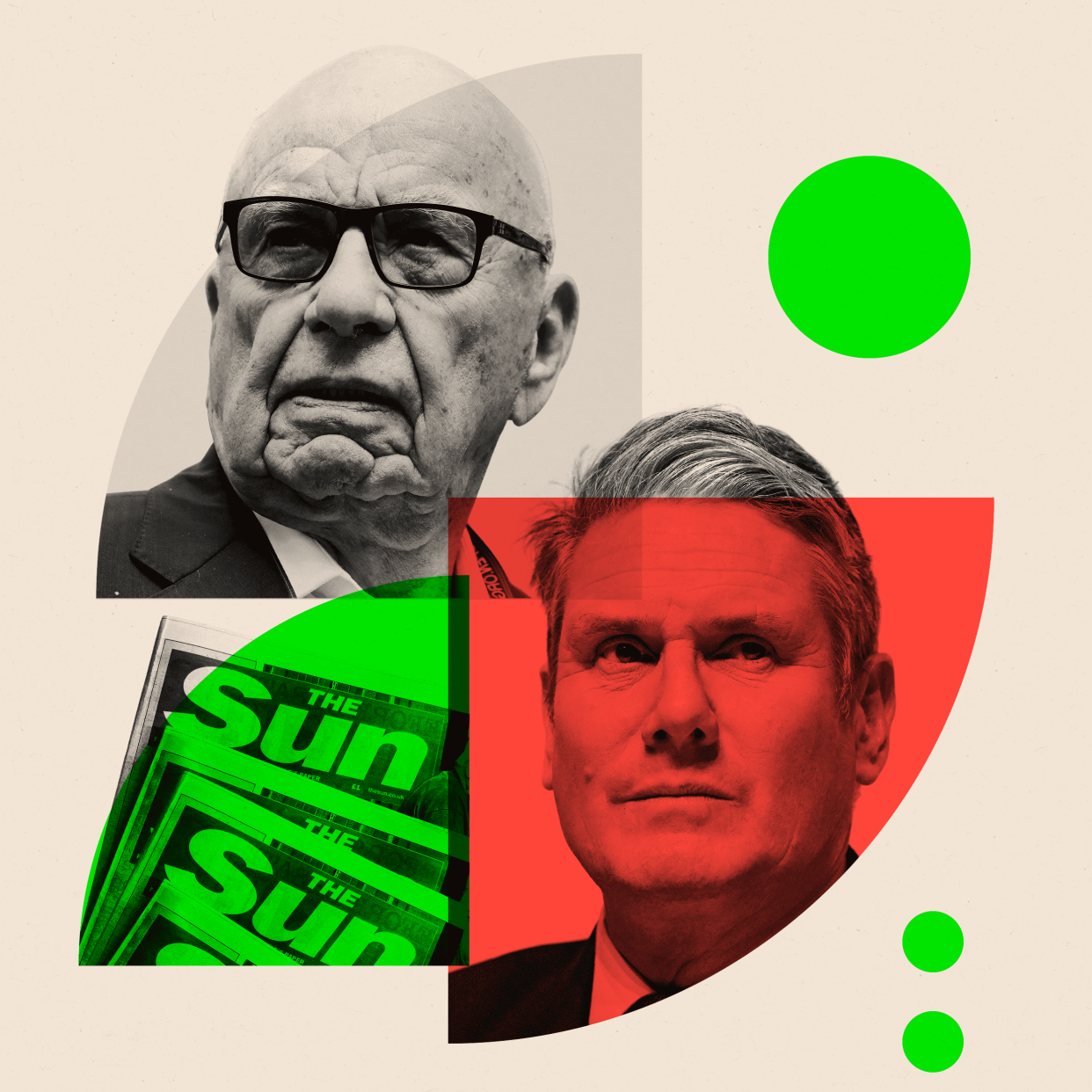 Montage of the Sun newspaper, Rupert Murdoch and Keir Starmer