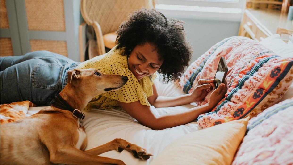  Woman lying with her lurcher rescue dog on her bed. 