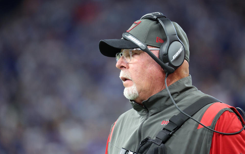 INDIANAPOLIS, INDIANA - NOVEMBER 28  Bruce Arians the head coach of the Tampa Bay Buccaneers against the Indianapolis Colts at Lucas Oil Stadium on November 28, 2021 in Indianapolis, Indiana. (Photo by Andy Lyons/Getty Images)