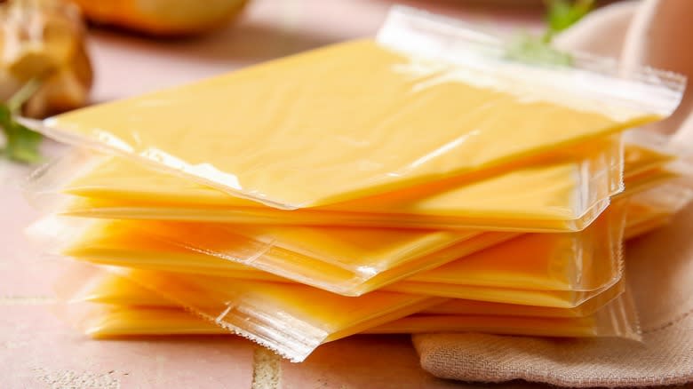 Close-up of wrapped American cheese slices