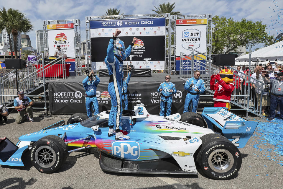 Team Penske driver Josef Newgarden #2 of United States celebrates his win in the IndyCar Firestone Grand Prix of St. Petersburg auto race, Sunday March 10, 2024, in St. Petersburg, Fla. (AP Photo/Mike Carlson)