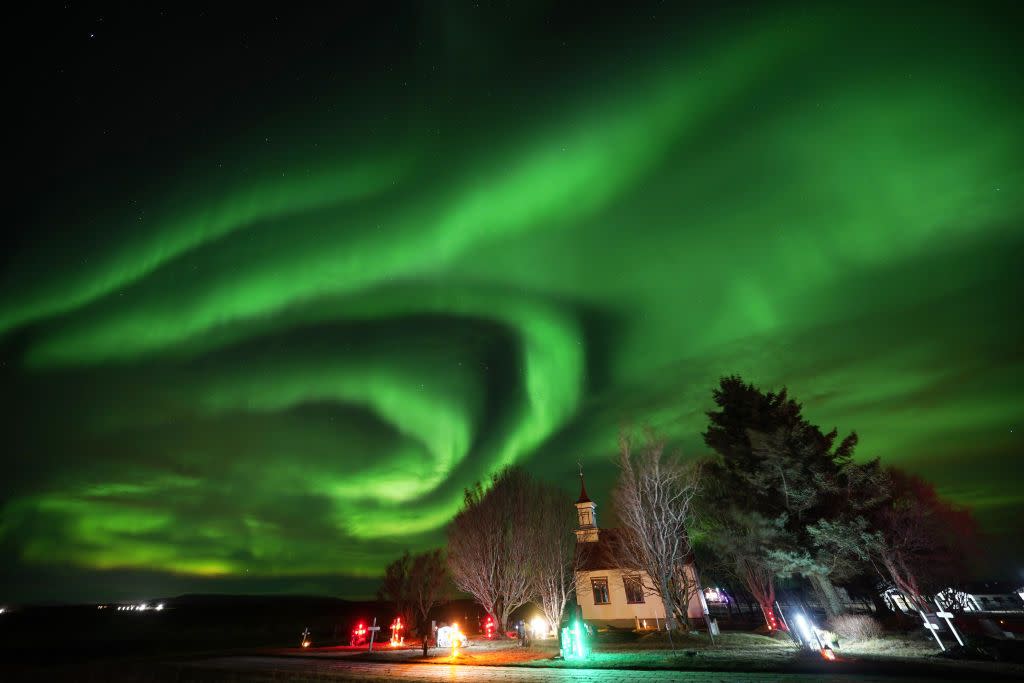 the northern lights over villingaholtskirkja church on the south coast of iceland picture date sunday november 27, 2022 photo by owen humphreyspa images via getty images