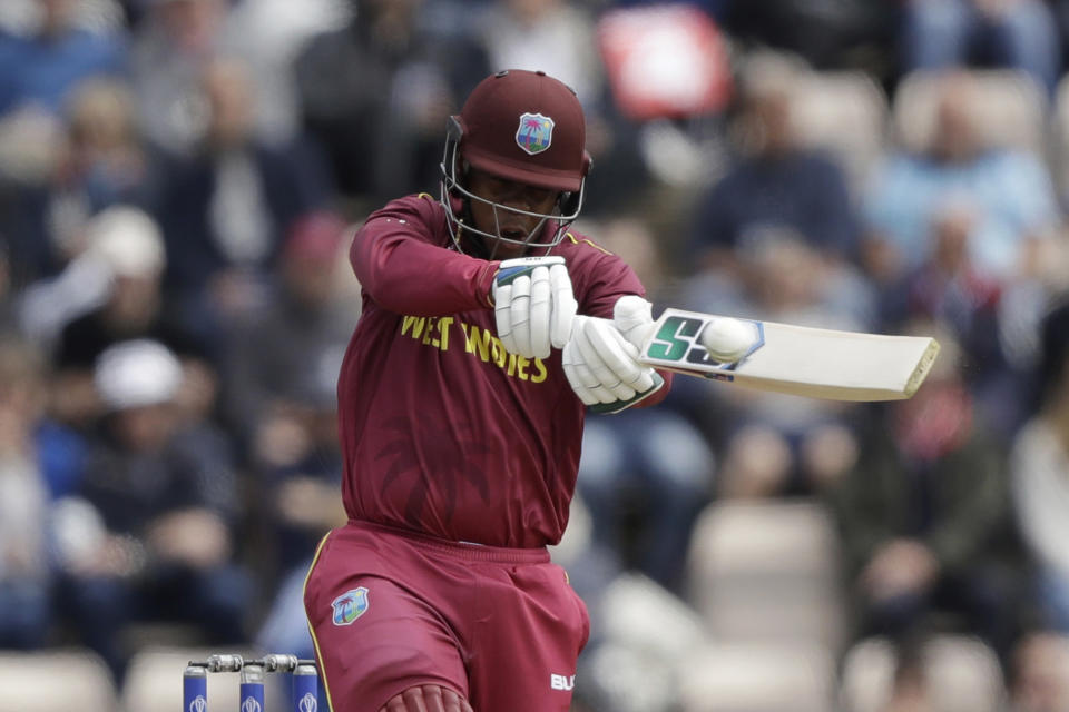 West Indies' Shimron Hetmyer hits a shot during the Cricket World Cup match between England and West Indies at the Hampshire Bowl in Southampton, England, Friday, June 14, 2019. (AP Photo/Matt Dunham)