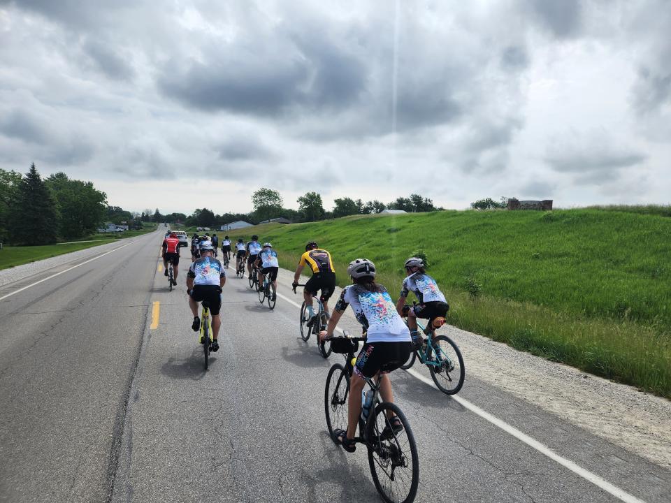 Riders on the RAGBRAI inspection ride through Greenfield on June 4.