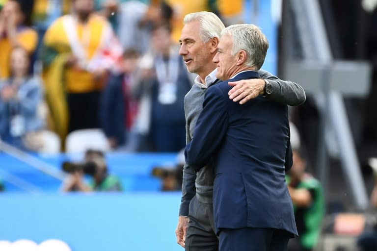 Australia coach Bert van Marwijk congratulates his French opposite number Didier Deschamps