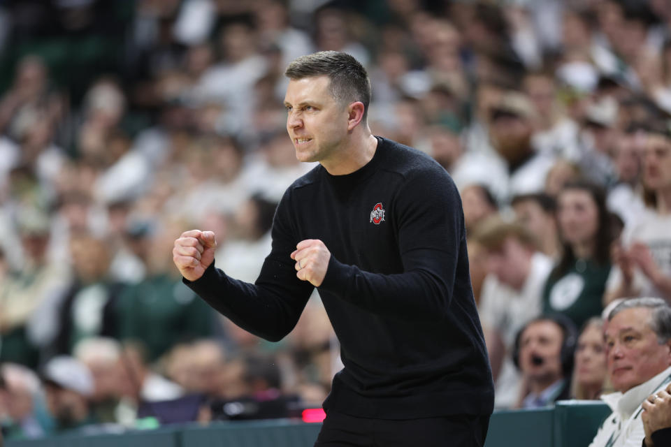 EAST LANSING, MICHIGAN - FEBRUARY 25: Interim head coach Jake Diebler of the Ohio State Buckeyes reacts during the second half against the Michigan State Spartans at Breslin Center on February 25, 2024 in East Lansing, Michigan. (Photo by Rey Del Rio/Getty Images)