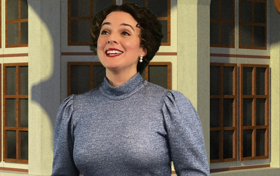 This image released by The Irish Repertory Theatre shows Melissa Errico during a performance of “Meet Me in St. Louis.” Charlotte Moore, the artistic director and co-founder of the acclaimed Irish Repertory Theatre in New York City, has put on a free streaming of the holiday production with a dozen cast members, each filmed remotely and then digitally stitched together. (Muireann Lalor/The Irish Repertory Theatre via AP)