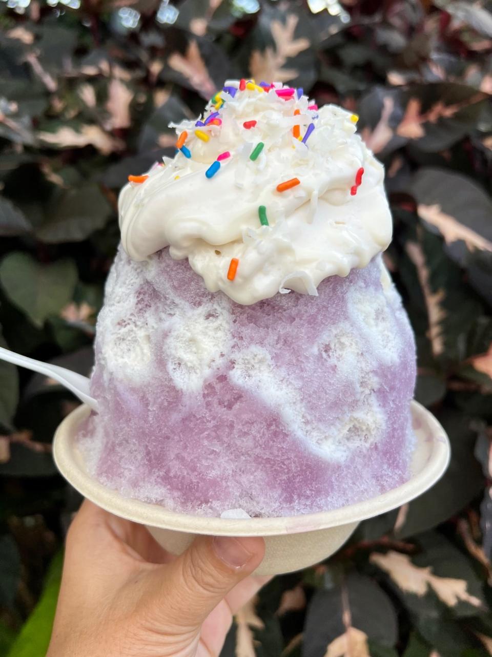 Ube Sprinkle shave ice from Hapa’s Hawaiian Style Shave Ice in Kilauea.