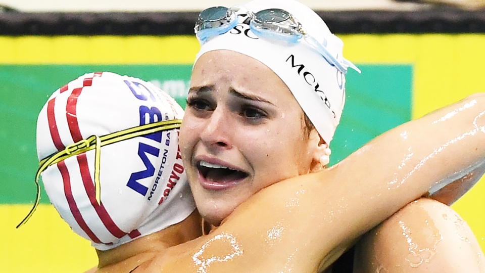 Kaylee McKeown was in tears after setting a new world record in the 100m backstroke at the Australian Olympic Trials on Sunday. (Photo by Mark Brake/Getty Images)