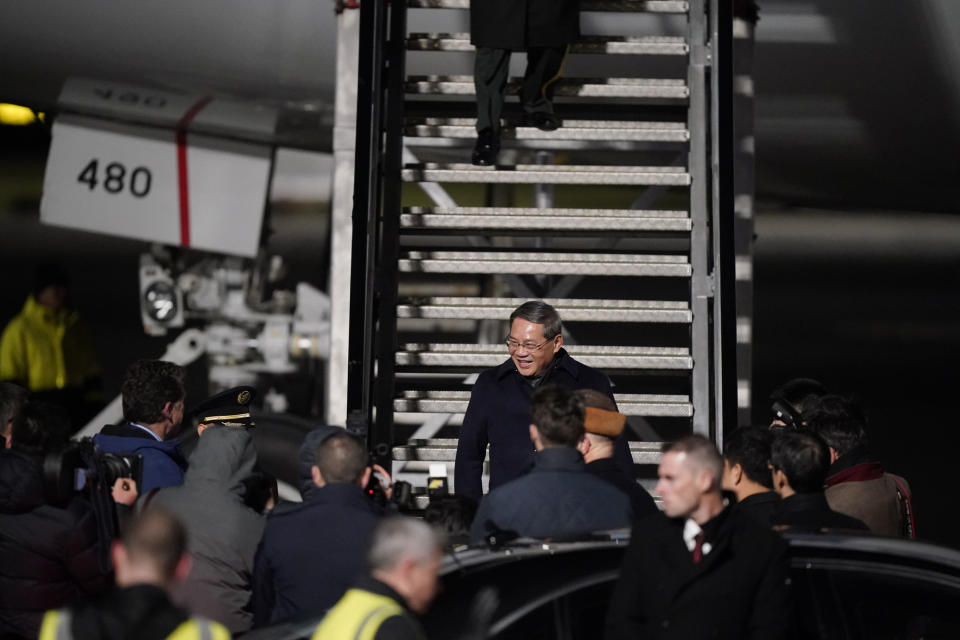 Chinese Premier Li Qiang arrives at Dublin Airport in Dublin, Tuesday, Jan. 16, 2024 for his two day visit to Ireland. (Niall Carson/PA via AP)