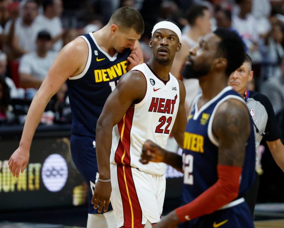 Miami Heat forward Jimmy Butler (22) on the court in the first half during the game against the Denver Nuggets in Game 4 of the NBA Finals at the Kaseya Center in downtown Miami, Fla. on Friday, June 9, 2023.