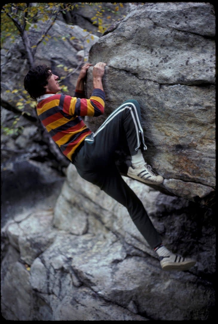 <span class="article__caption"><span class="article__caption">Russ Clune on Gill Egg (V4) circa 1979. In 1990 he was dropped about 40 feet into the talus, and walked away. </span></span>(Photo: Courtesy of Russ Clune)