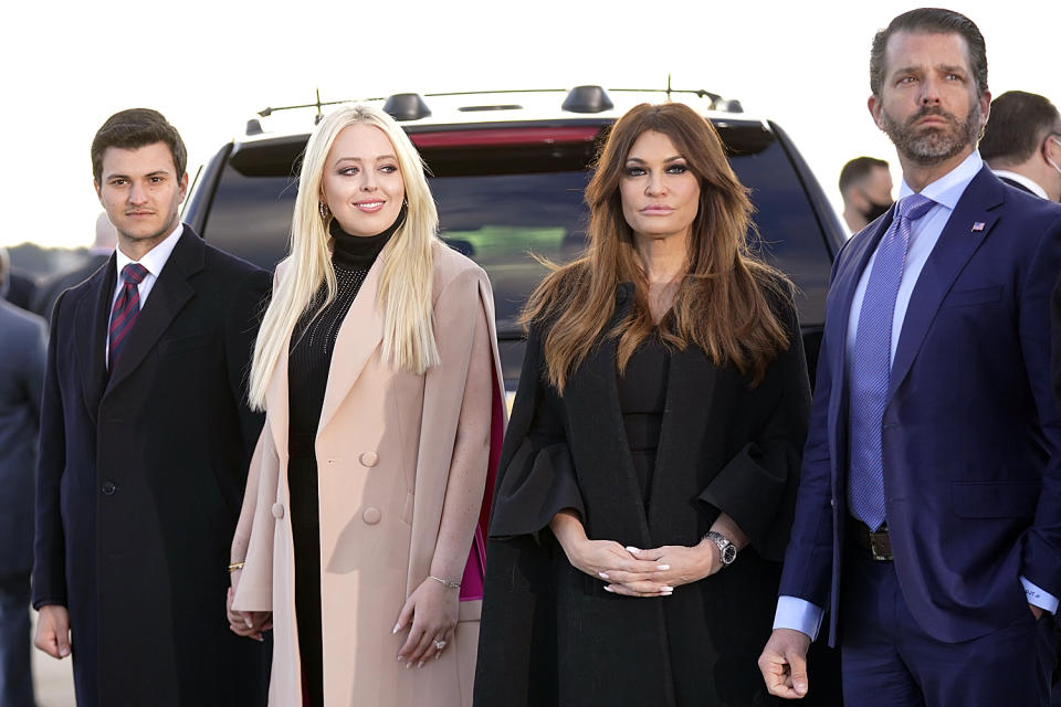 <p>Tiffany Trump and her fiancé Michael Boulos (left) and Donald Trump Jr. and his girlfriend Kimberly Guilfoyle (second from right) wait for President Donald Trump and First Lady Melania Trump to arrive. </p>