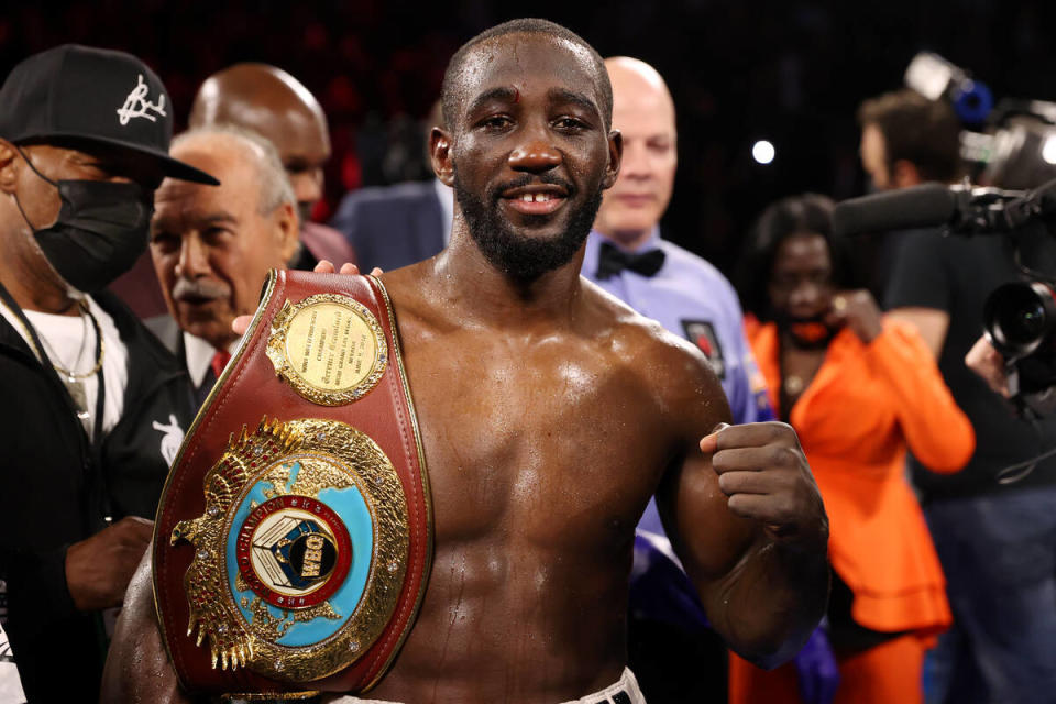 Terence Crawford poses after his technical knockout win against Shawn Porter in the 10th round of the WBO welterweight title fight at the Mandalay Bay Events Center in Las Vegas, Saturday, Nov. 20, 2021. (Erik Verduzco / Las Vegas Review-Journal) @Erik_Verduzco