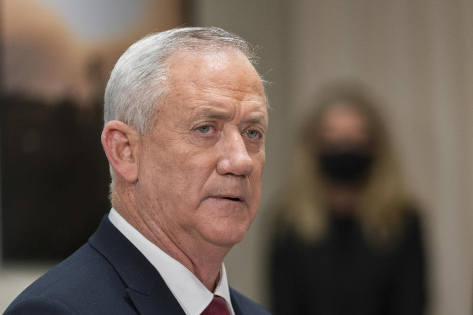 FILE - Israeli Defense Minister Benny Gantz, speaks during a meeting with Defense Secretary Lloyd Austin at the Pentagon, Thursday, Dec. 9, 2021, in Washington. Israel's defense minister met with Jordan's King Abdullah II in Amman on Tuesday, March 29, 2022, in what both sides said was an effort to maintain calm in Jerusalem ahead of the Muslim holy month of Ramadan. (AP Photo/Manuel Balce Ceneta, File)