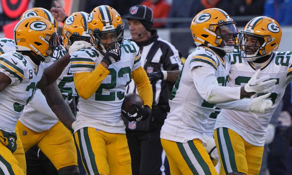 Green Bay Packers cornerback Jaire Alexander (23) celebrates his interception during the fourth quarter of their game Sunday, December 4, 2022 at Soldier Field in Chicago, Ill. The Green Bay Packers beat the Chicago Bears 28-19.