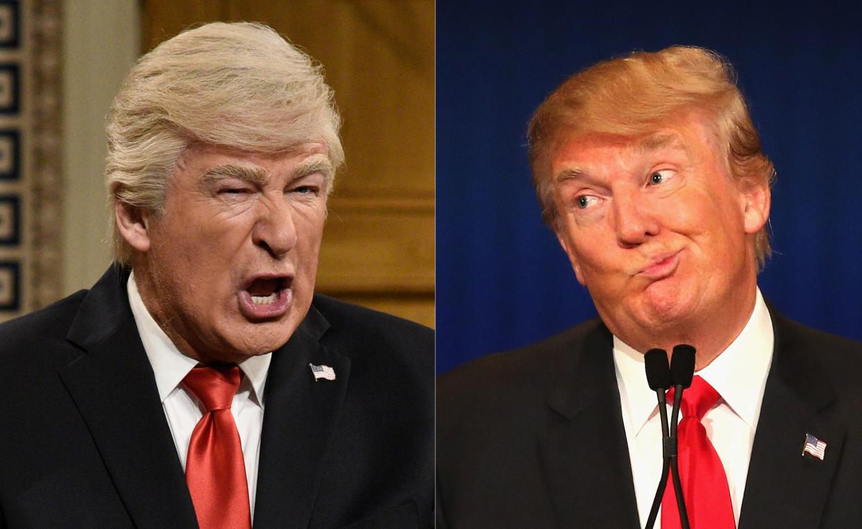 (L)Alec Baldwin as Donald Trump during the "Impeachment Fantasy" Cold Open on Saturday, February 1, 2020. (R) residential candidate Donald Trump gestures after Carly Fiorina says she met with Russian President Putin at a one on one meeting, during the Republican Presidential Debate sponsored by Fox Business and the Wall Street Journal at the Milwaukee Theatre November 10, 2015 in Milwaukee, Wisconsin.