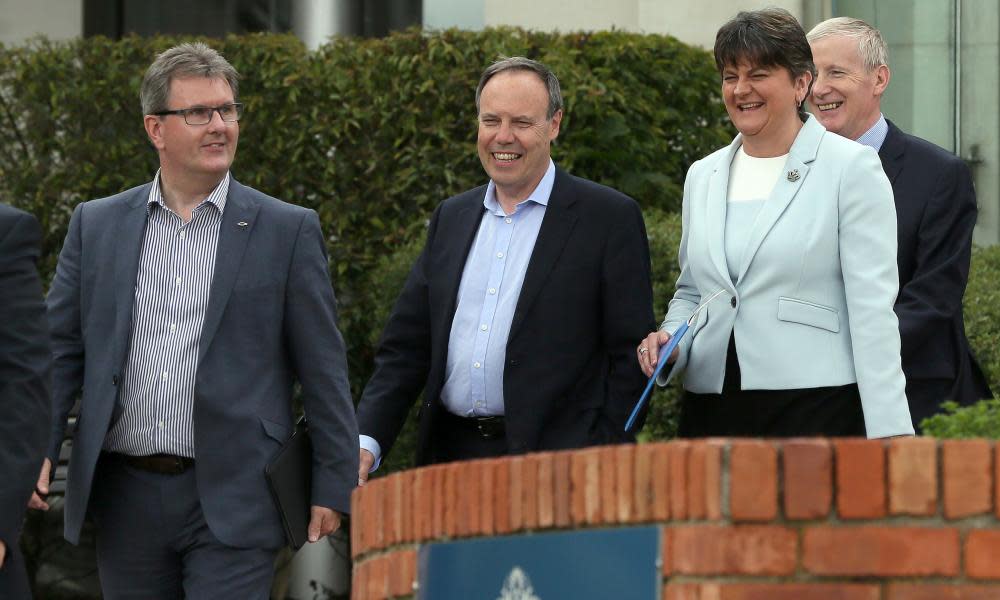 Jeffrey Donaldson with deputy DUP leader Nigel Dodds and party leader Arlene Foster