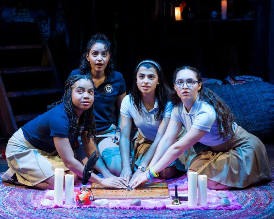 From L to R: Samantha Miller, Coral Peña, Lilian Rebelo, and Ashley Brooke in "Our Dear Dead Drug Lord" at Center Theatre Group's Kirk Douglas Theatre August 20 through September 17, 2023, produced in association with IAMA Theatre Company. Photo credit: Craig Schwartz Photography