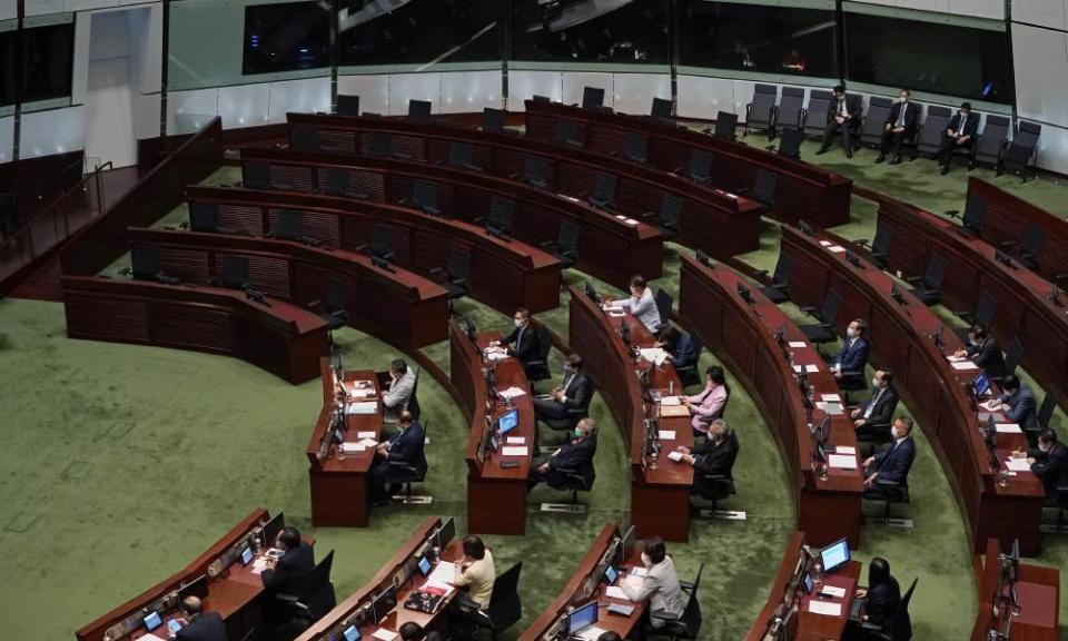 The seats of pro-democracy legislators were empty as Hong Kong’s Carrie Lam delivered her speech