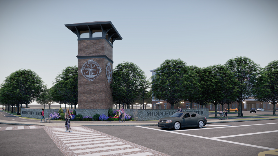 This rendering shows the proposed Middletown Center at the intersection of West Main Road and Coddington Highway.