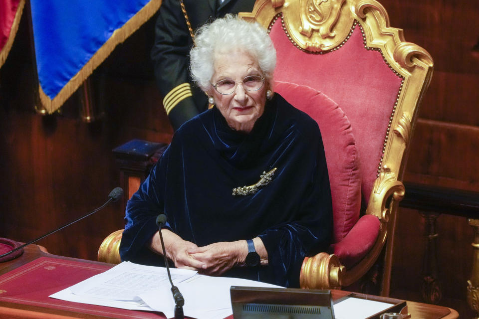 Holocaust survivor, Senator Liliana Segre chairs the opening session of the Italian Senate of the newly elected parliament, Thursday, Oct. 13, 2022. Italy voted on Sept. 25 to elect a new parliament. (AP Photo/Gregorio Borgia)