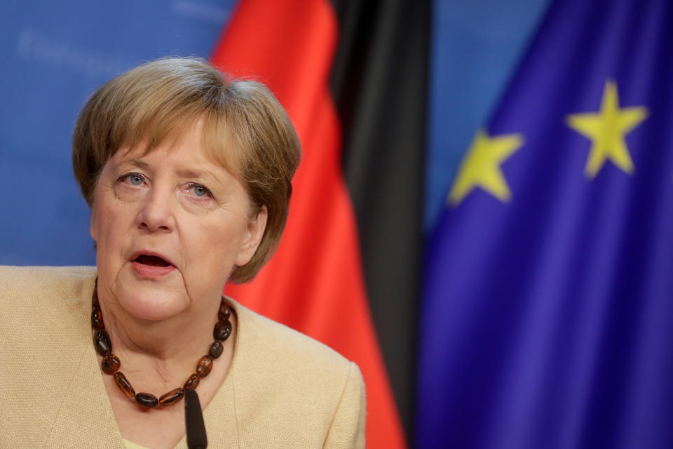 Germany's Chancellor Angela Merkel gives a press conference on the second day of a EU summit at the European Council building in Brussels, Belgium June 25, 2021. Stephanie Lecocq/Pool via REUTERS