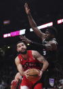 Toronto Raptors guard Fred VanVleet (23) tries to get around Sacramento Kings guard Terence Davis (3) during the first half of an NBA basketball game in Toronto on Wednesday, Dec. 14, 2022. (Nathan Denette/The Canadian Press via AP)