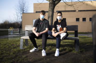 High school students Robin Reyer, left, and Mohammad Alshebli, 16 and 17 years old, pose for a photo at the Arche, or Ark, an organization that supports children, youth and families in the Hellersdorf neighbourhood, on the eastern outskirts of Berlin, Germany, Tuesday, Feb. 23, 2021. Since the outbreak of the coronavirus pandemic, the Arche has had to reduce their real face-to-face assistance or traditional classroom schooling as an offer for children, mainly from underprivileged families, drastically. Some kids are still allowed to come over in person, but only once every two weeks. (AP Photo/Markus Schreiber)