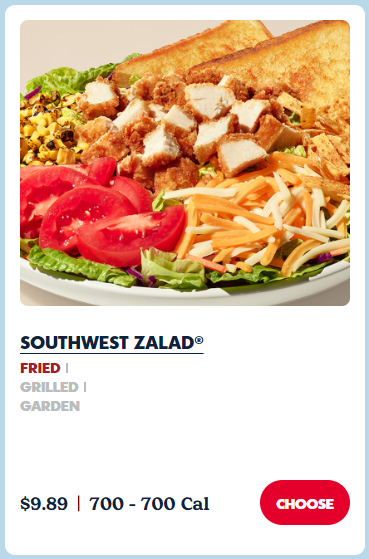 A screenshot of Zaxby's menu showing a southwest salad