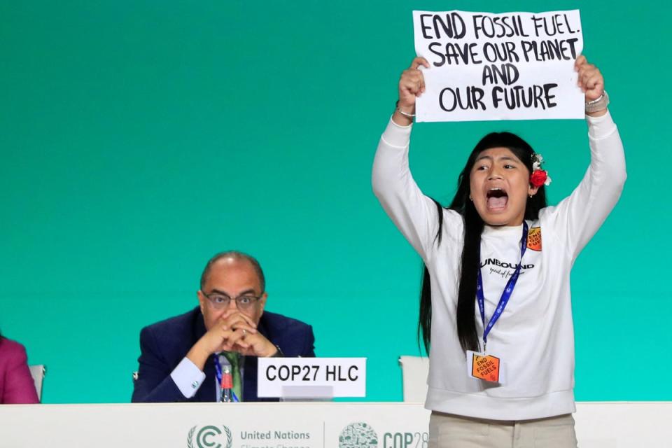 Licypriya Kangujam, an Indigenous climate activist from India, holds a banner about fossil fuels, the key issue at the summit (REUTERS)